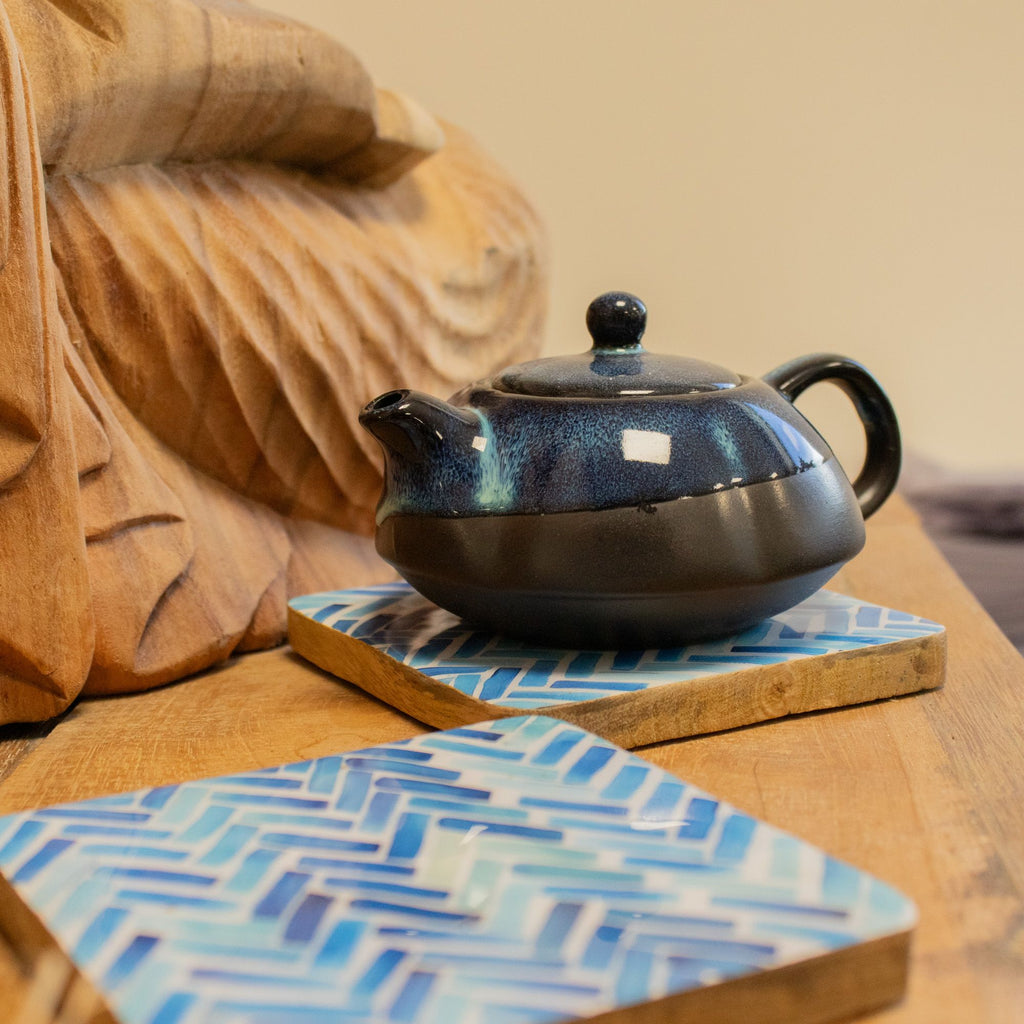 Set of 4 Wooden Square Coasters  Blue Stripes