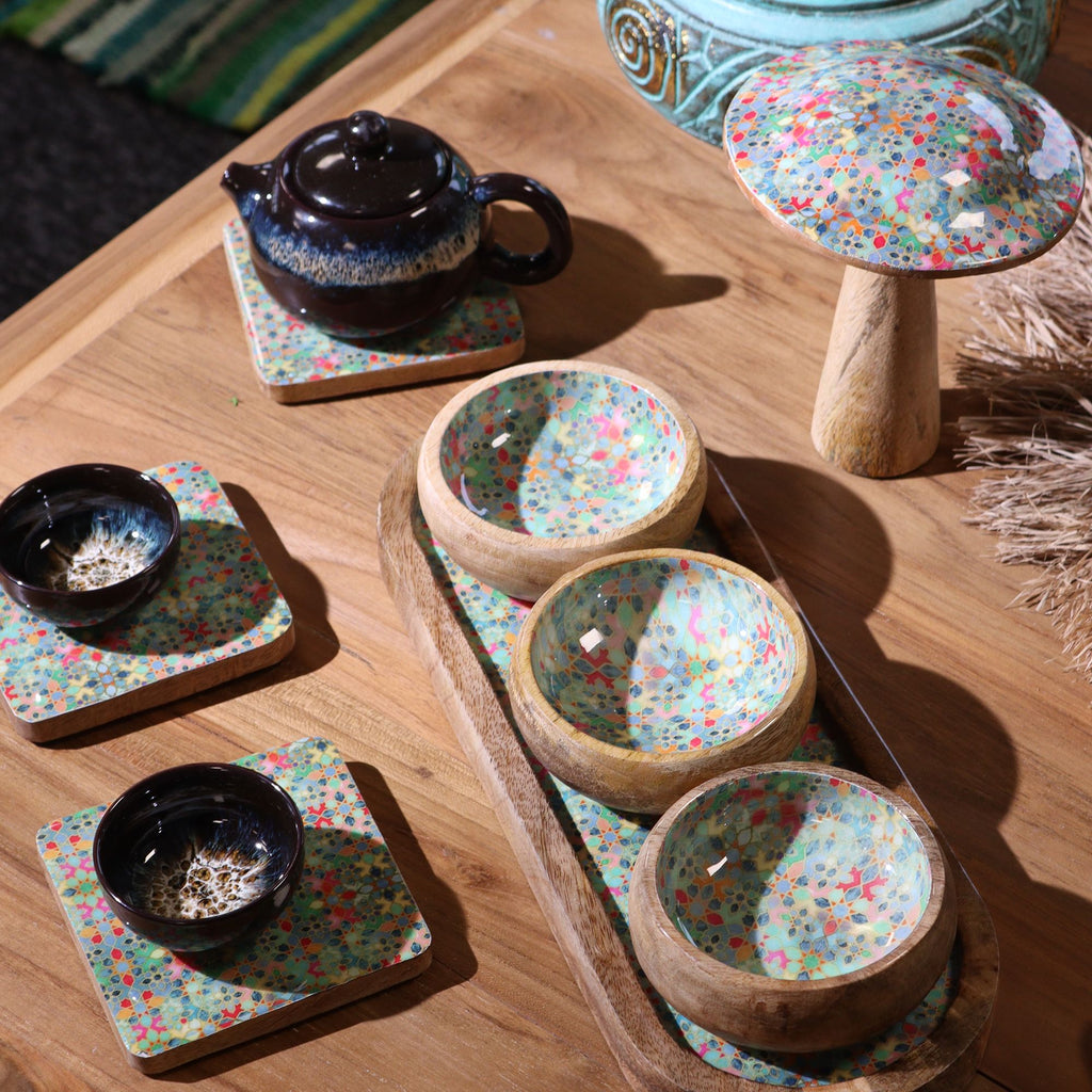 Mango Wood Tray with 3 Bowls Pretty Pink Floral