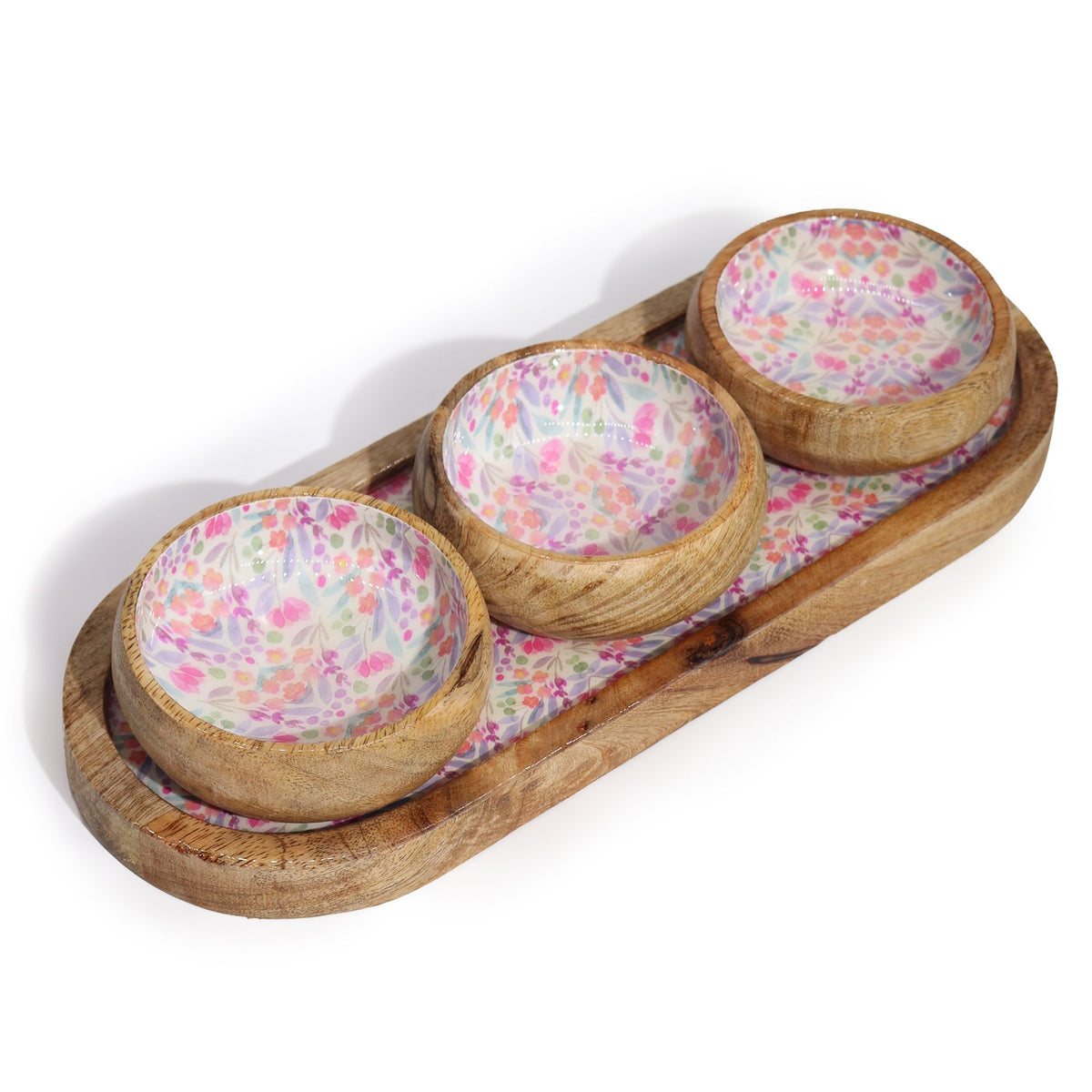 Mango Wood Tray with 3 Bowls Pretty Pink Floral