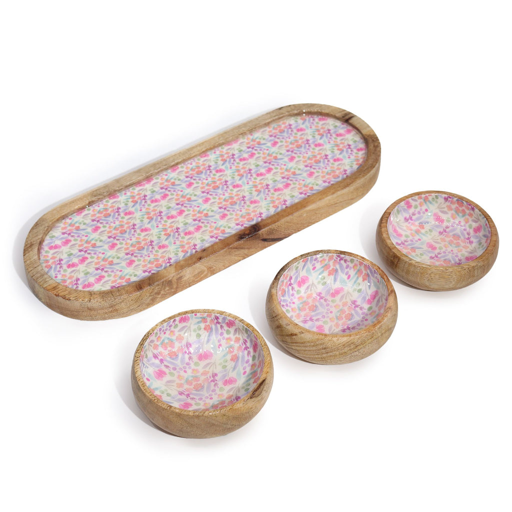 Mango Wood Tray with 3 Bowls Pretty Pink Floral