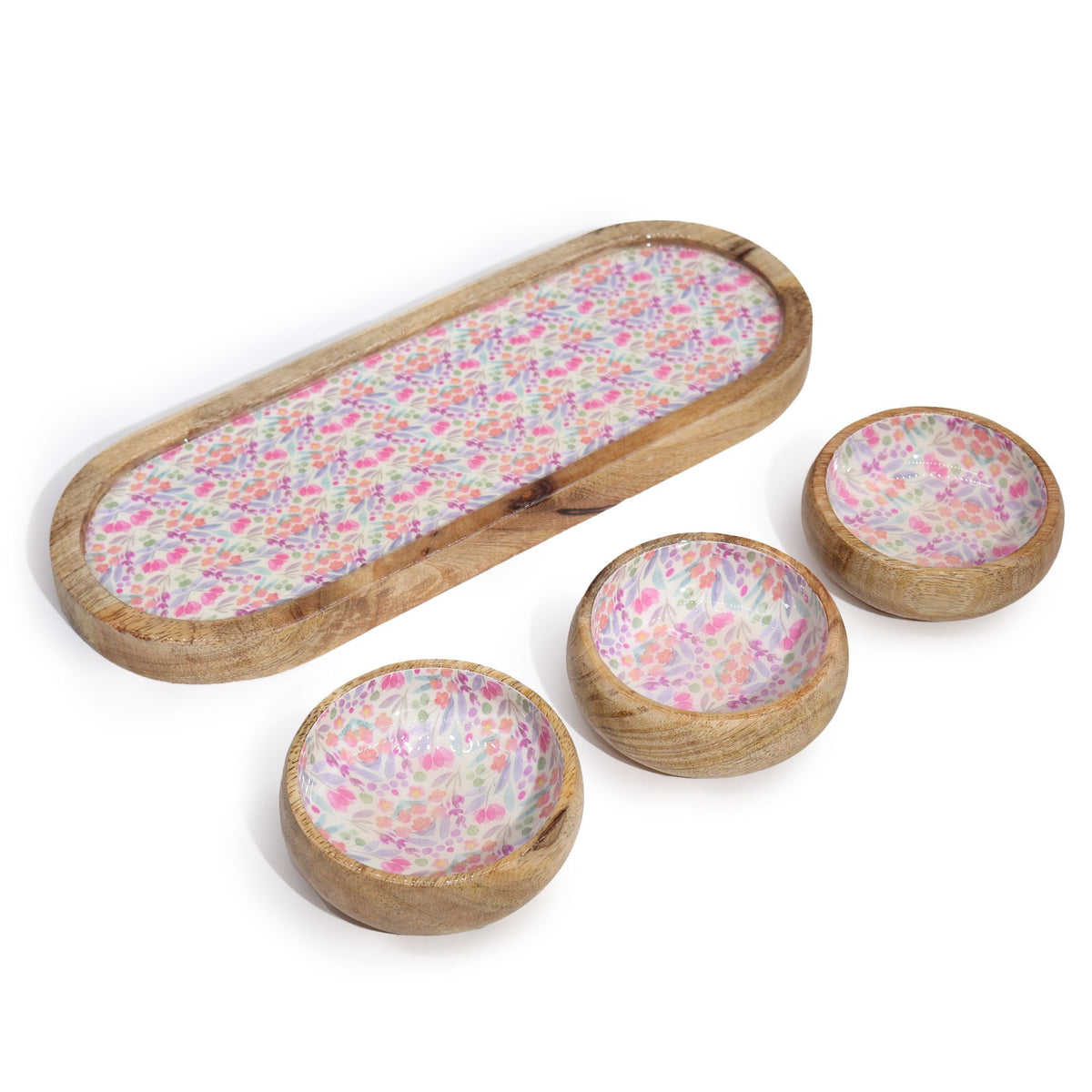 Mango Wood Tray with 3 Bowls Pretty Pink Floral