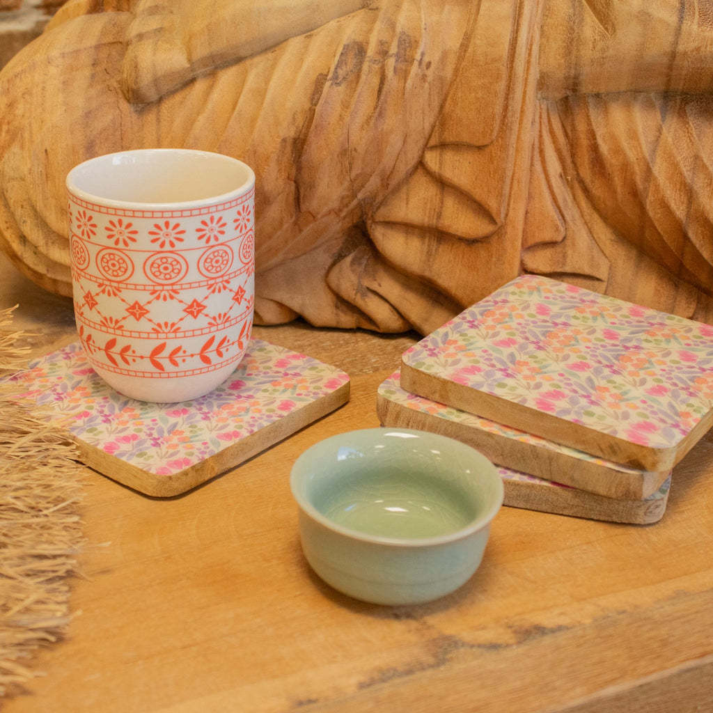 Set of 4 Wooden Square Coasters  Pretty Floral