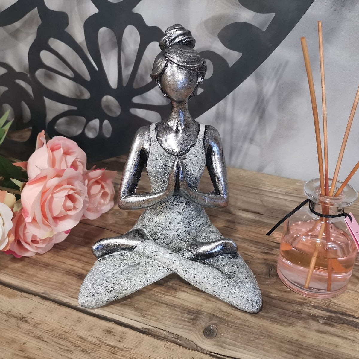 Silver & White Yoga Lady Resin Figure - 24cm