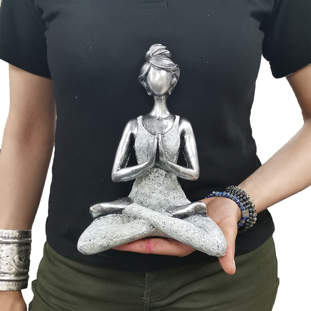 Silver & White Yoga Lady Resin Figure - 24cm