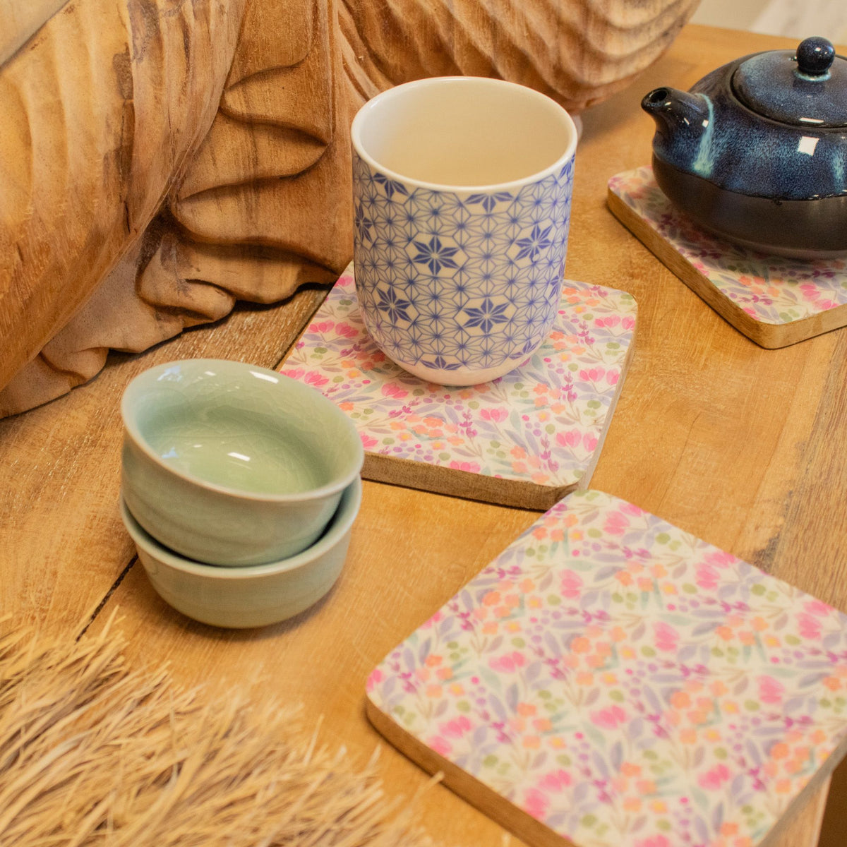 Set of 4 Wooden Square Coasters  Pretty Floral