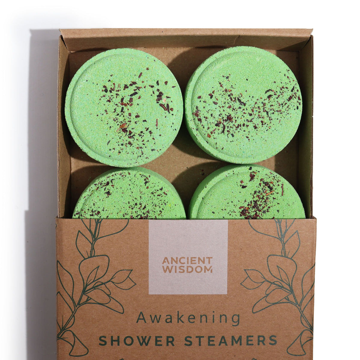 Four green shower steamers in a box labeled 'Ancient Wisdom' on a white background