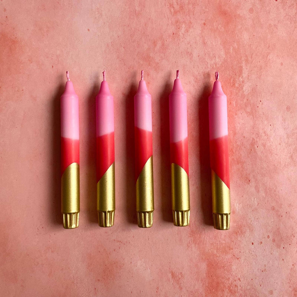 Hand Dipped Pink, Red & Gold Dinner Candles 