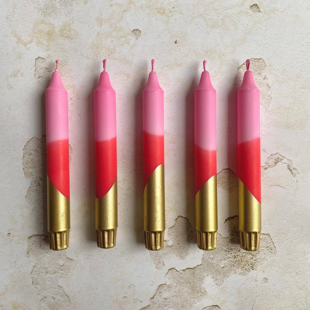 Hand Dipped Pink, Red & Gold Dinner Candles 