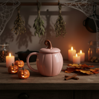 Pink pumpkin-shaped mug with a lid on a white surface with autumn leaves.