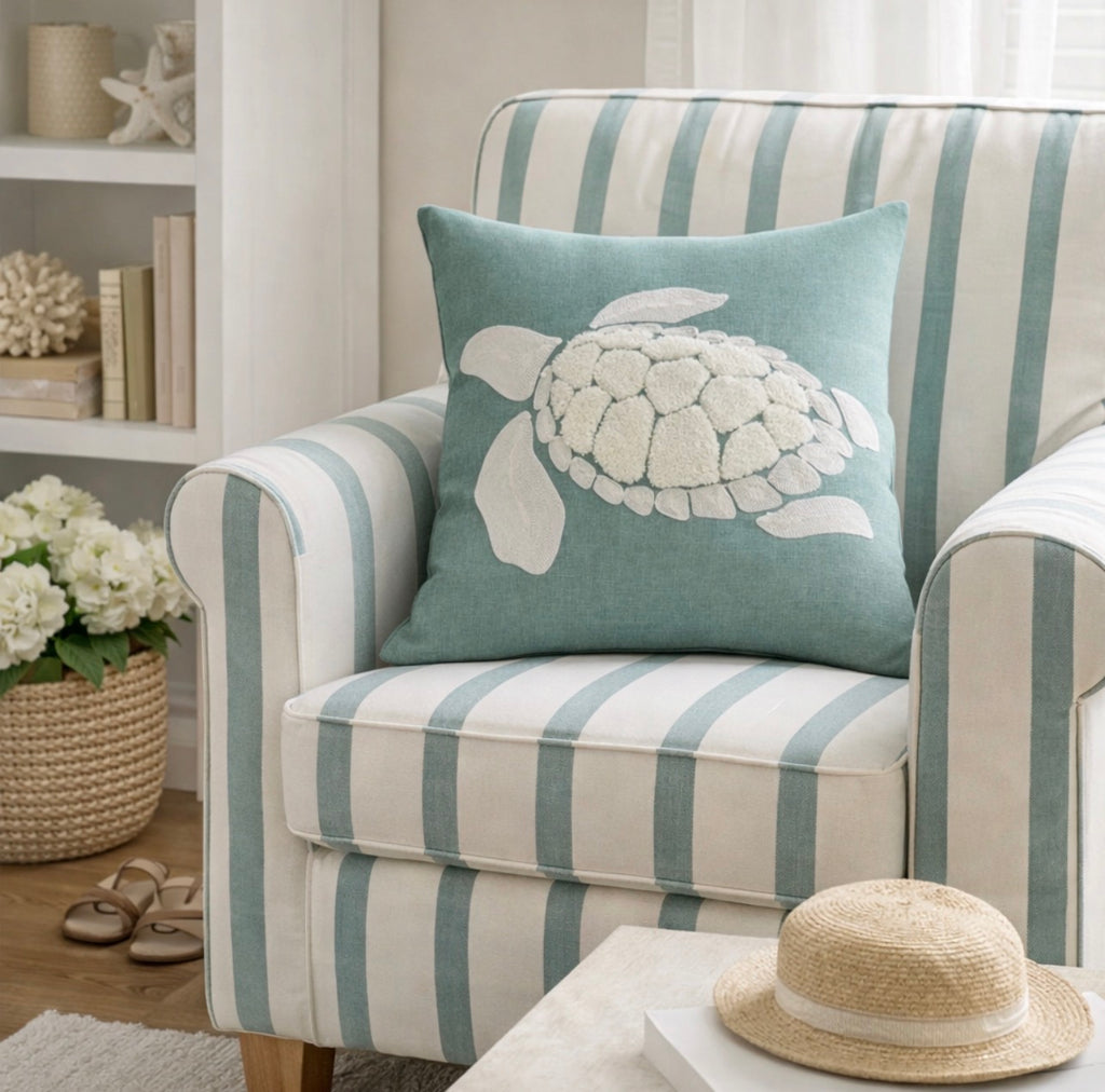 Striped armchair with a turtle pillow in a cozy living room setting